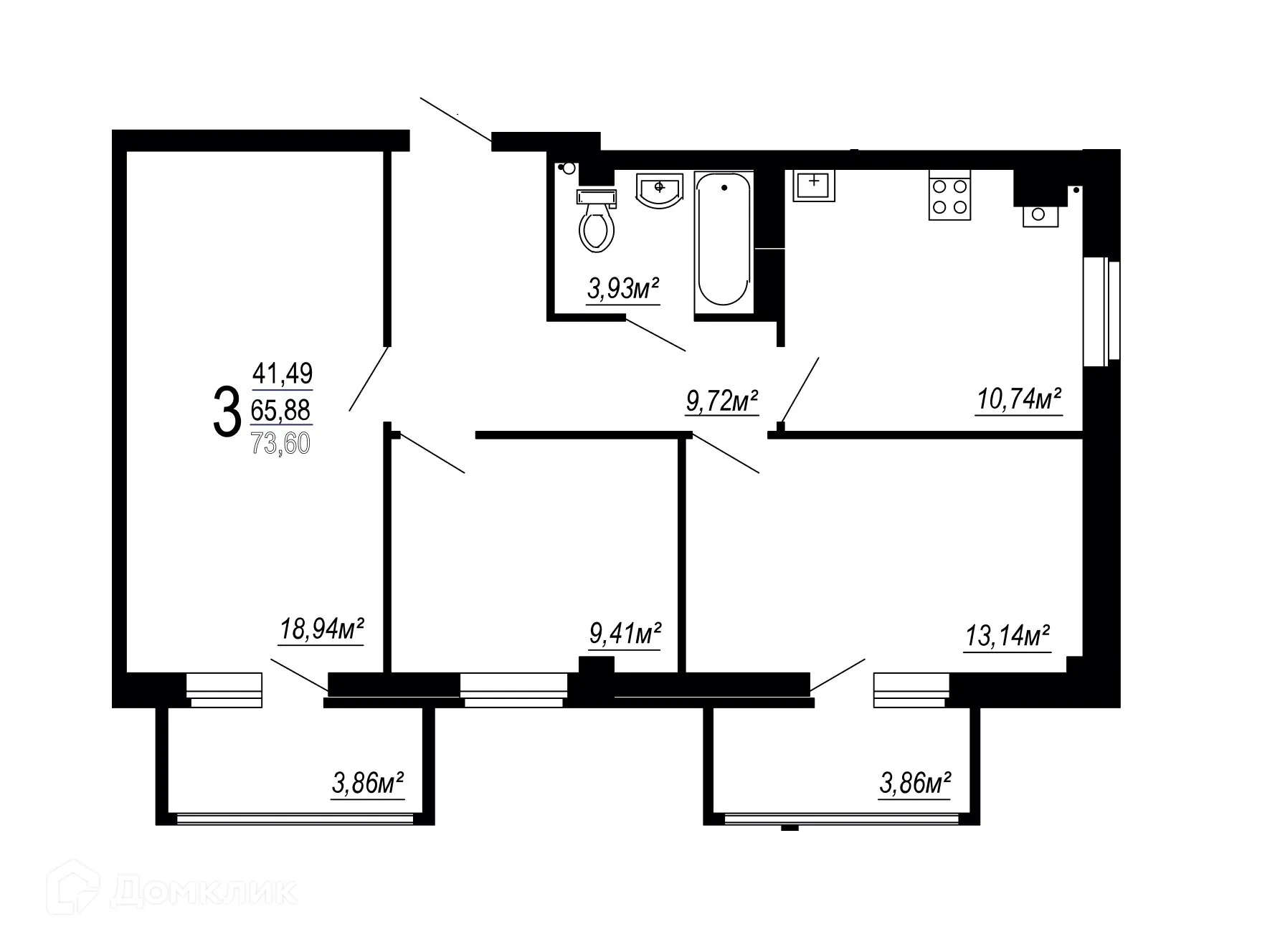 Планировка 3-комнатной квартиры 73.6 м² в ЖК по улице Полины Осипенко, г. Волгоград — фото 1