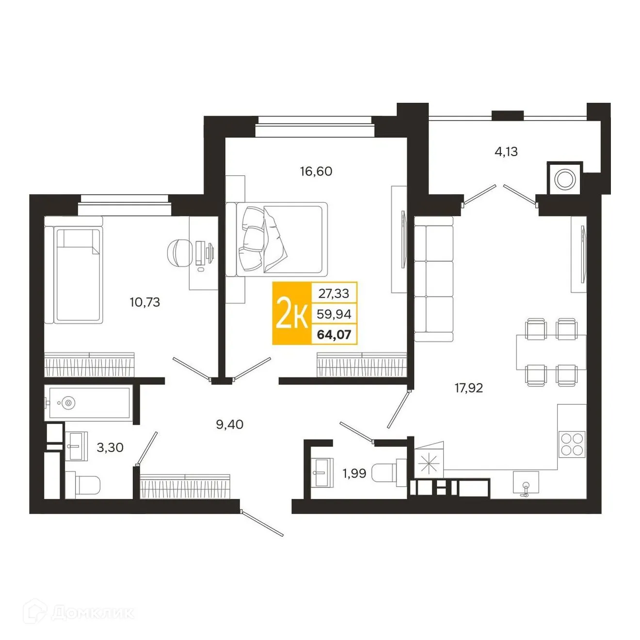 Планировка 2-комнатной квартиры 64.07 м² в ЖК Ривер Парк, г. Рязань — фото 4