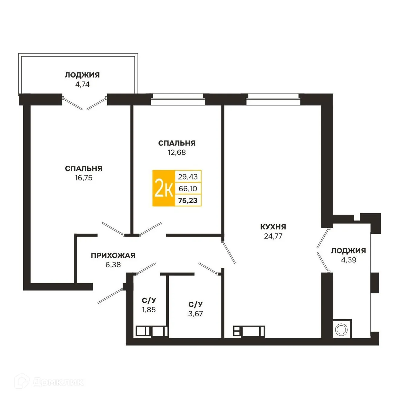 Планировка 2-комнатной квартиры 75.23 м² в ЖК Ривер Парк, г. Рязань — фото 1