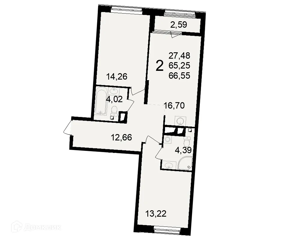 Планировка 2-комнатной квартиры 66.55 м² в ЖК Макроквартал "Свобода", г. Рязань — фото 3