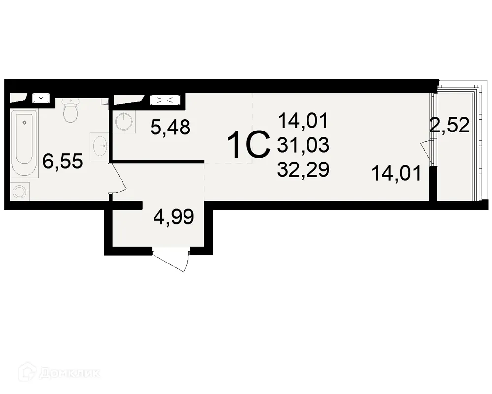 Планировка 1-комнатной квартиры 32.29 м² в ЖК Макроквартал "Свобода", г. Рязань — фото 2