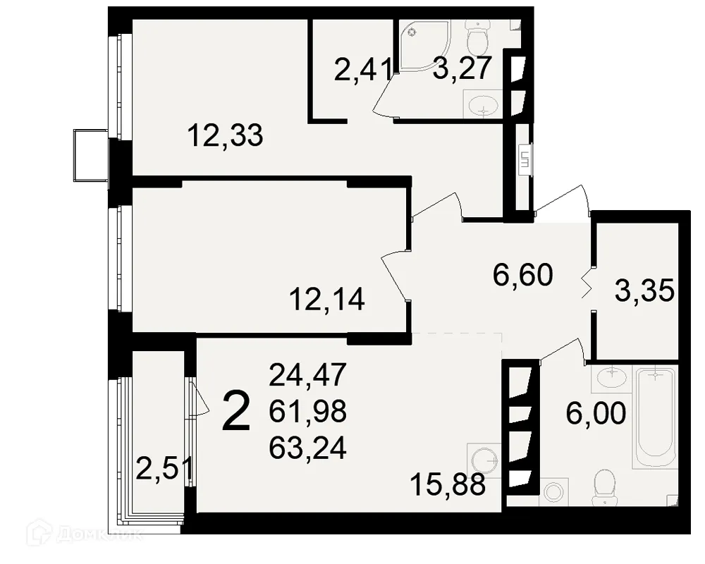 Планировка 2-комнатной квартиры 63.24 м² в ЖК Макроквартал "Свобода", г. Рязань — фото 1