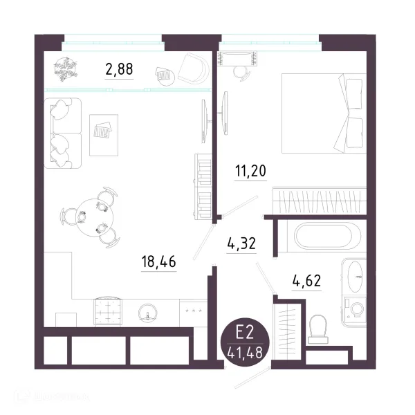 Планировка 1 комн. в ЖК Крылья