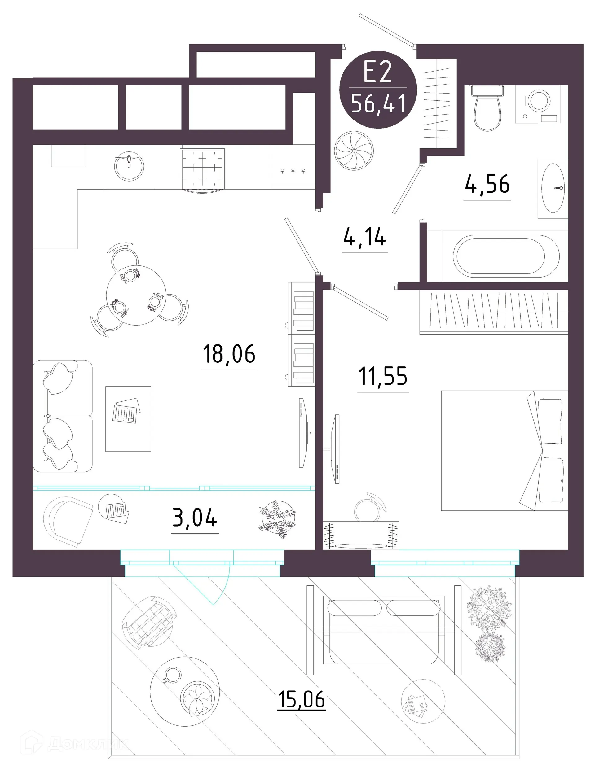 Планировка 1-комнатной квартиры 54.41 м² в ЖК Крылья, г. Рязань — фото 31