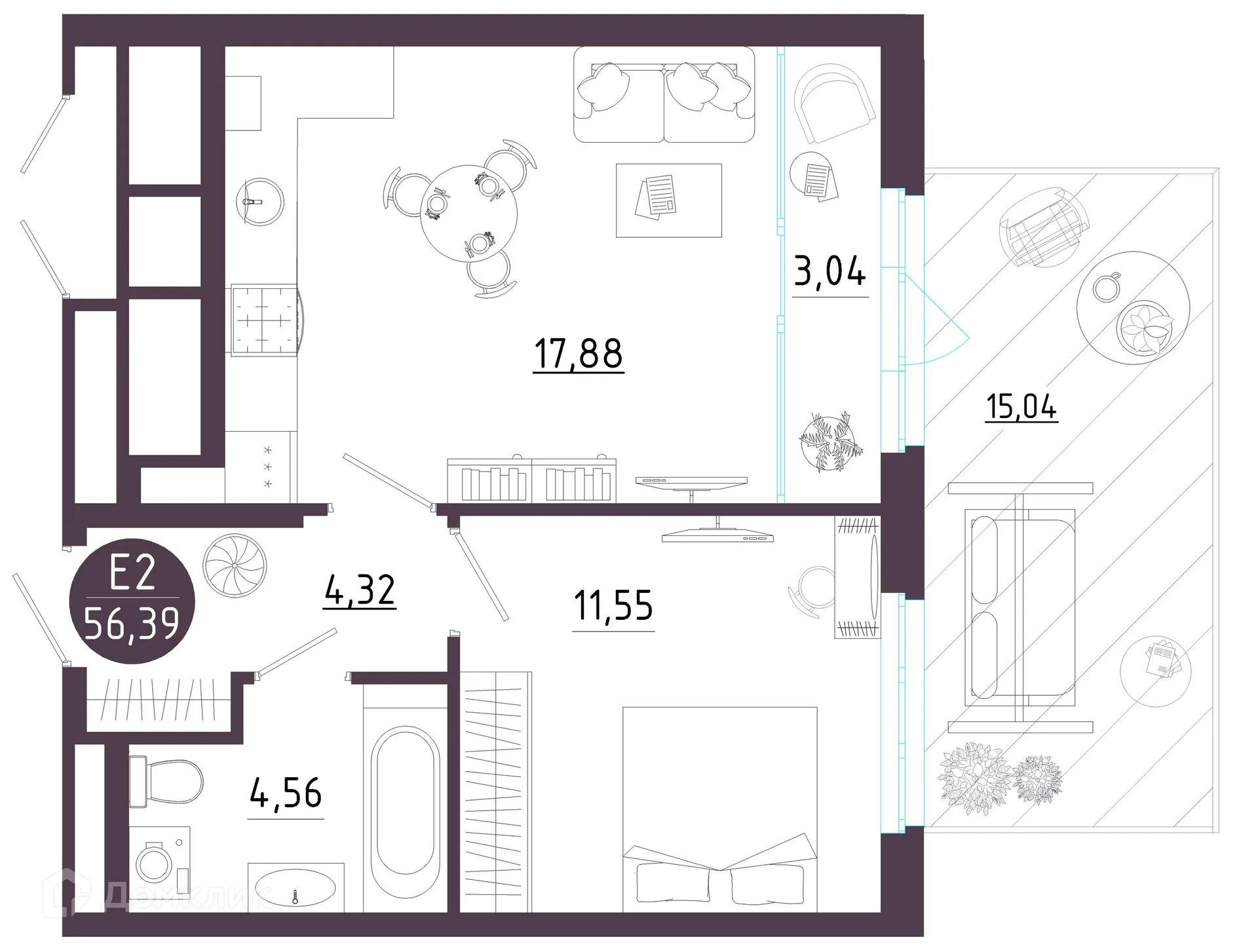 Планировка 1-комнатной квартиры 56.39 м² в ЖК Крылья, г. Рязань — фото 17
