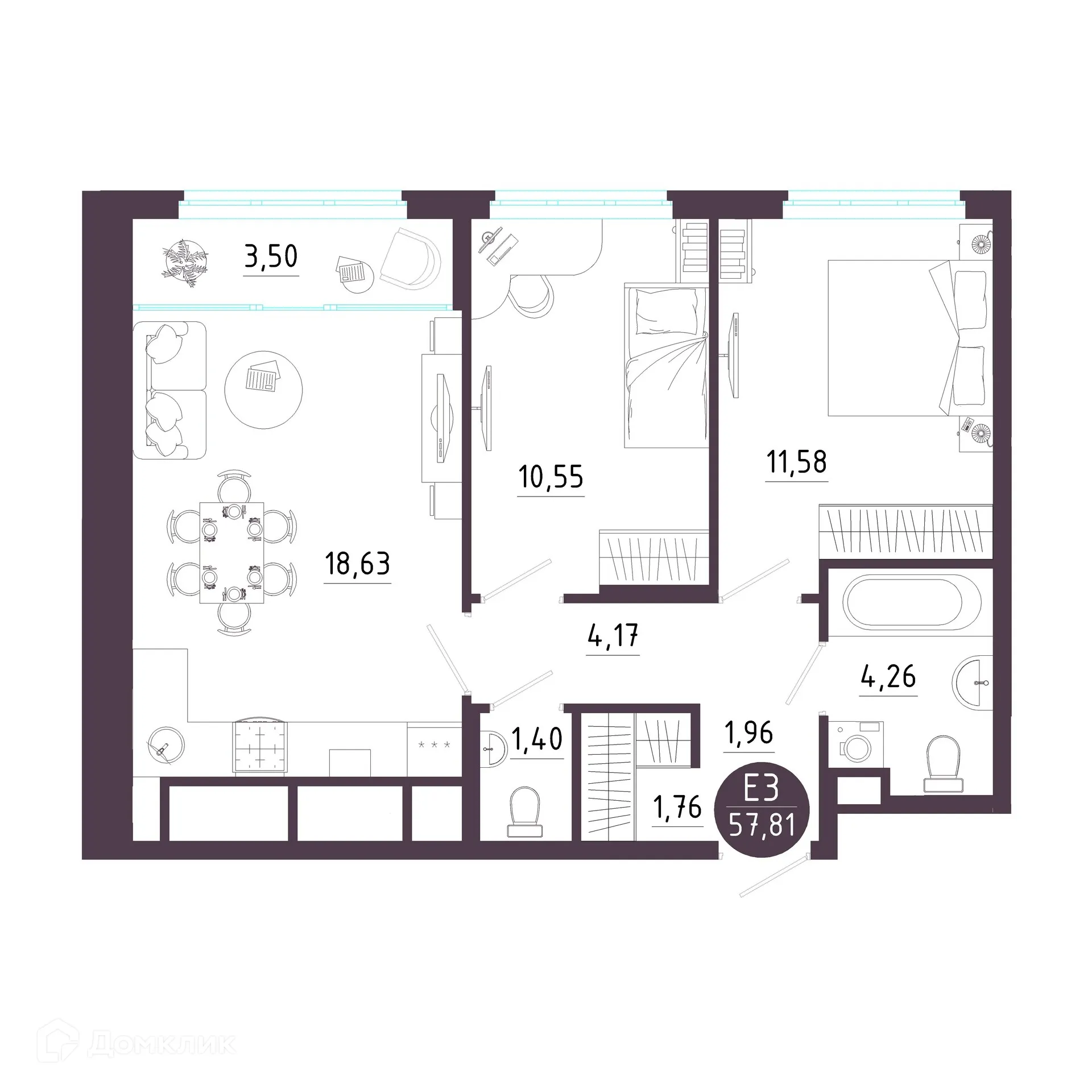 Планировка 2-комнатной квартиры 57.81 м² в ЖК Крылья, г. Рязань — фото 1