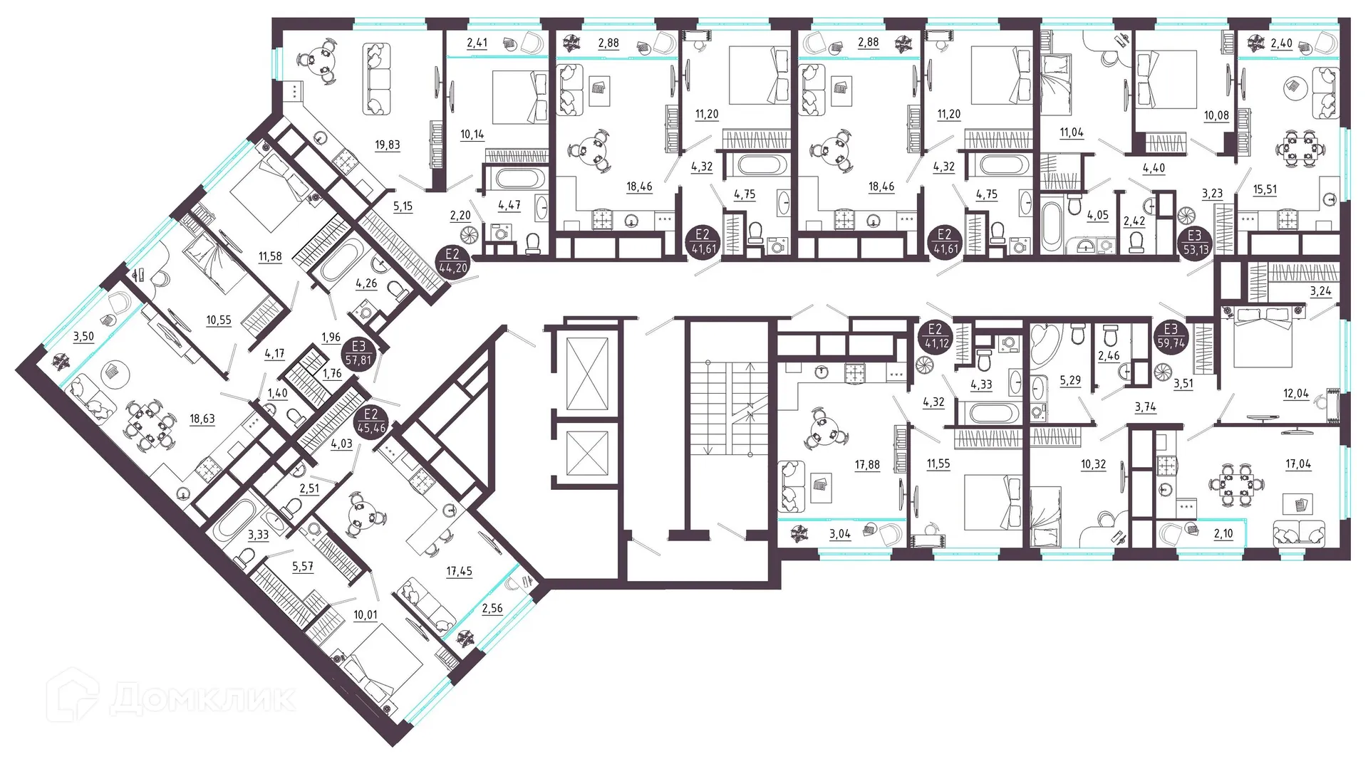 Планировка 2-комнатной квартиры 57.81 м² в ЖК Крылья, г. Рязань — фото 2