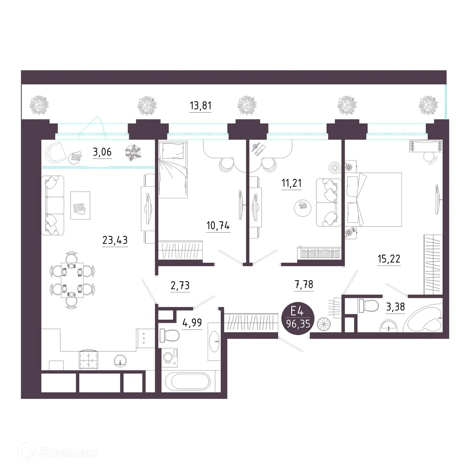Планировка 3-комнатной квартиры 96.35 м² в ЖК Крылья, г. Рязань — фото 1