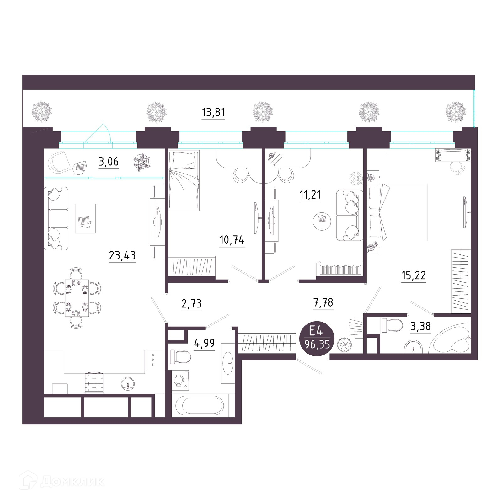 Планировка 3 комн. в ЖК Крылья