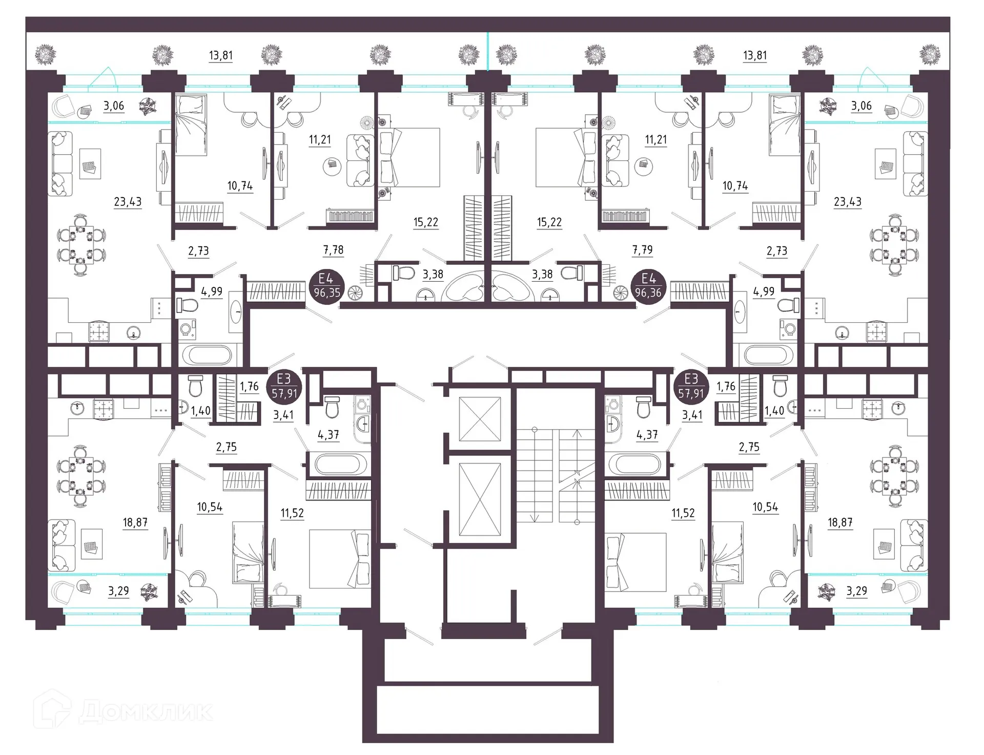Планировка 3-комнатной квартиры 96.35 м² в ЖК Крылья, г. Рязань — фото 2