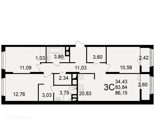 Планировка 3 комн. в ЖК"Новое измерение"