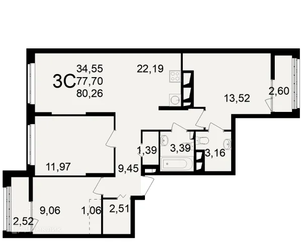 Планировка 3 комн. в ЖК"Новое измерение"