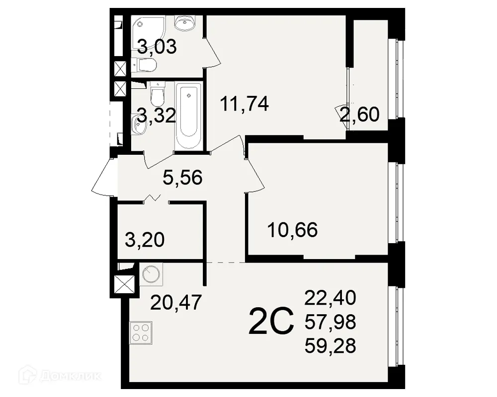 Планировка 2-комнатной квартиры 59.28 м² в ЖК"Новое измерение", г. Рязань — фото 1