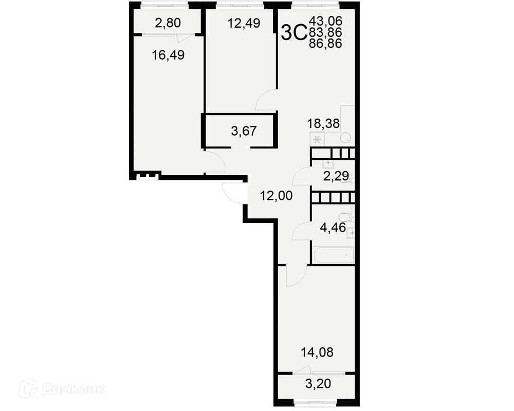 Планировка 3-комнатной квартиры 86.86 м² в ЖК Радости жизни, г. Рязань — фото 1