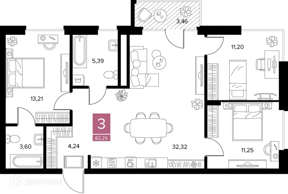Планировка 3-комнатной квартиры 82.25 м² в ЖК Квартал Дягилев, г. Рязань — фото 6