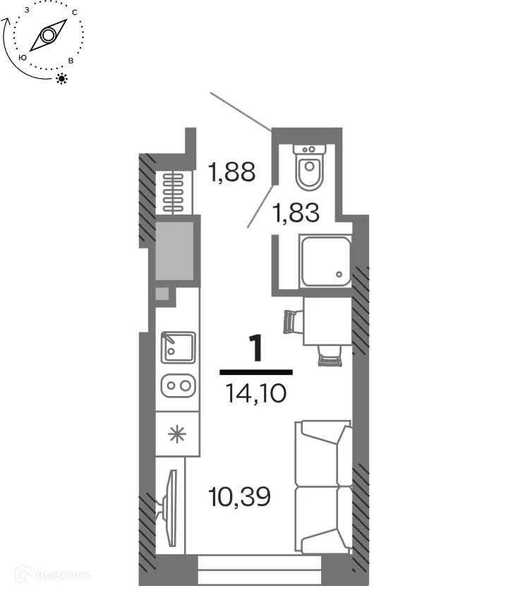 Планировка 1-комнатной квартиры 14.1 м² в ЖК город Рязань, Улица Зубковой, г. Рязань — фото 1