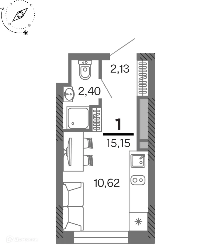 Планировка 1-комнатной квартиры 15.15 м² в ЖК город Рязань, Улица Зубковой, г. Рязань — фото 1