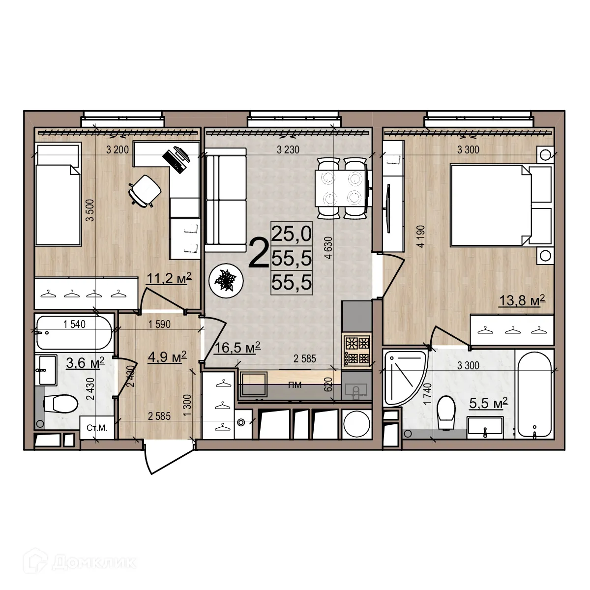 Планировка 2-комнатной квартиры 55.5 м² в ЖК Еврокласс-5, г. Рязань — фото 1