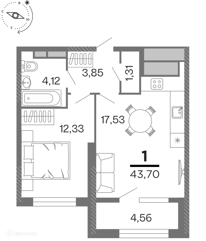 Планировка 1 комн. в ЖК "Бирюзова Парк"