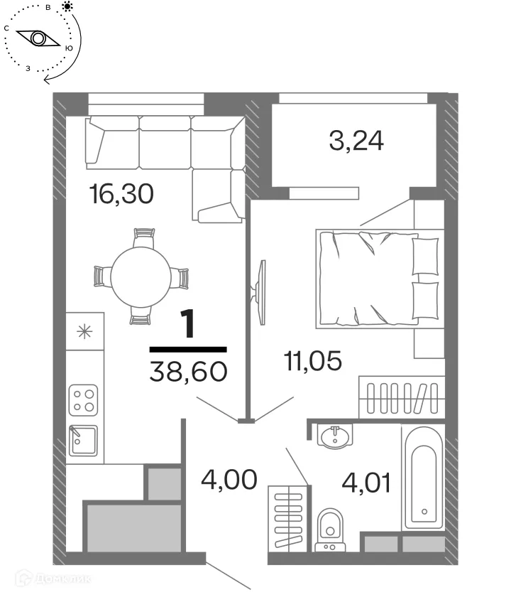 Планировка 1-комнатной квартиры 38.6 м² в ЖК "Бирюзова Парк", г. Рязань — фото 1