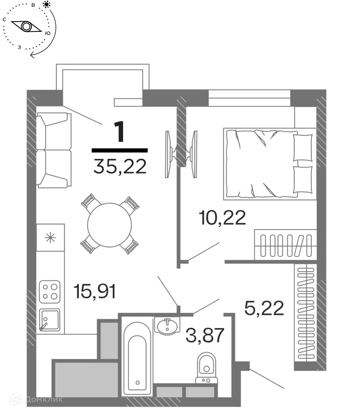 Планировка 1-комнатной квартиры 35.22 м² в ЖК "Бирюзова Парк", г. Рязань — фото 1