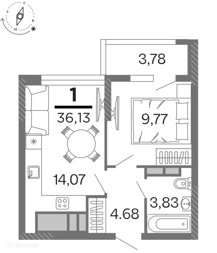 Планировка 1-комнатной квартиры 36.13 м² в ЖК "Бирюзова Парк", г. Рязань — фото 1