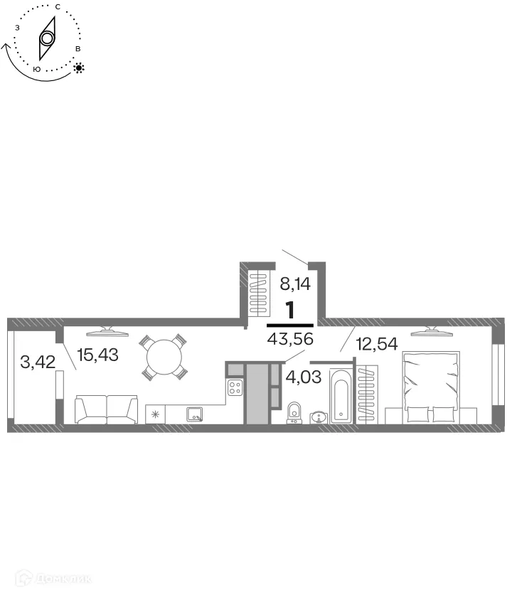 Планировка 1-комнатной квартиры 43.56 м² в ЖК "Бирюзова Парк", г. Рязань — фото 1