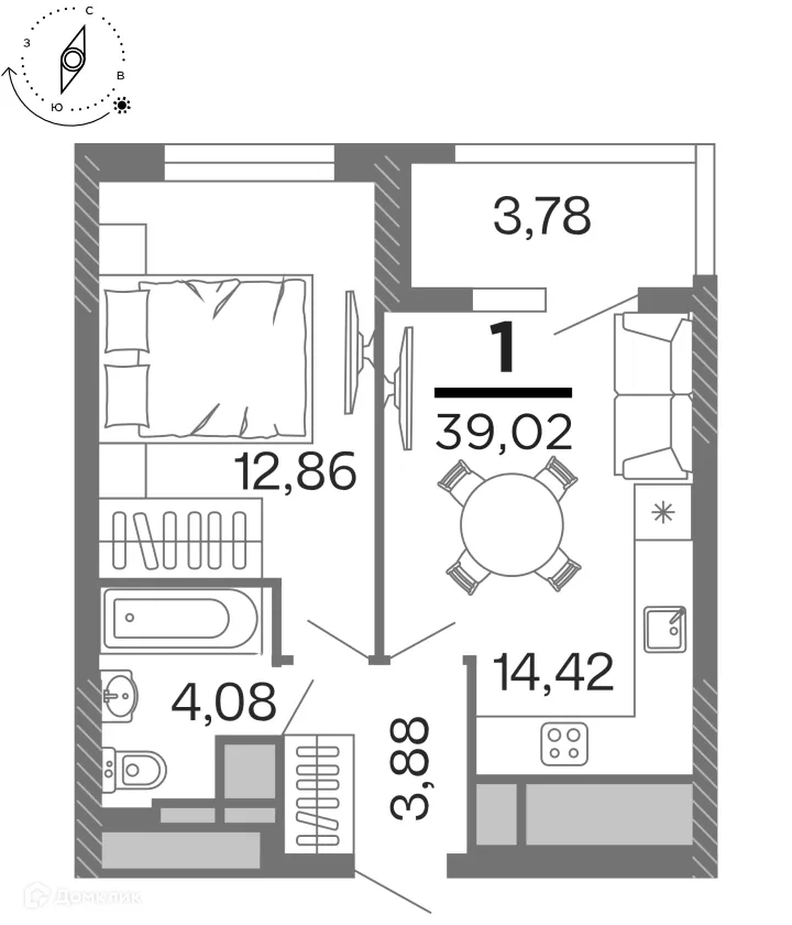 Планировка 1-комнатной квартиры 39.02 м² в ЖК "Бирюзова Парк", г. Рязань — фото 1