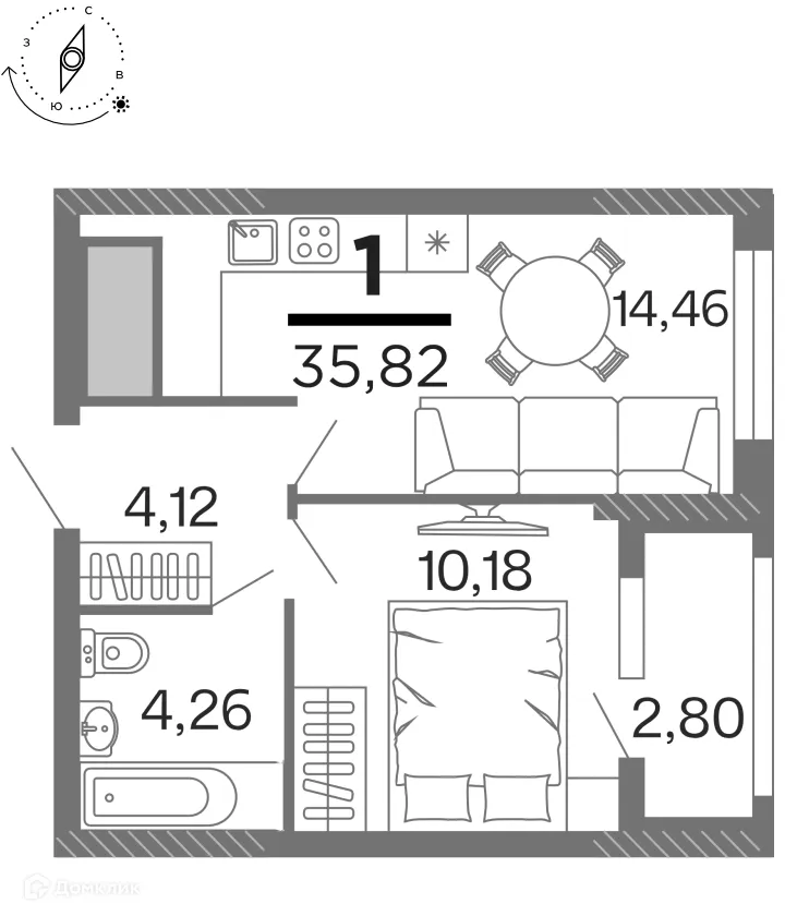 Планировка 1-комнатной квартиры 35.82 м² в ЖК "Бирюзова Парк", г. Рязань — фото 1