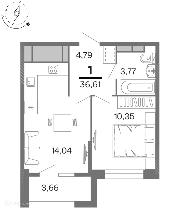 Планировка 1-комнатной квартиры 36.61 м² в ЖК "Бирюзова Парк", г. Рязань — фото 1