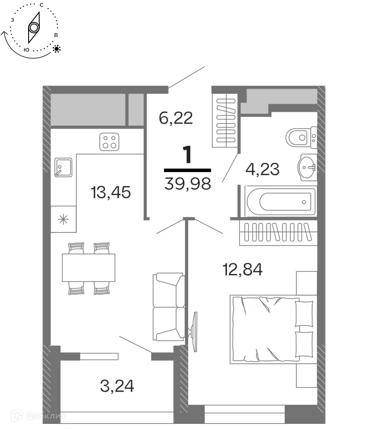 Планировка 1-комнатной квартиры 39.98 м² в ЖК "Бирюзова Парк", г. Рязань — фото 1