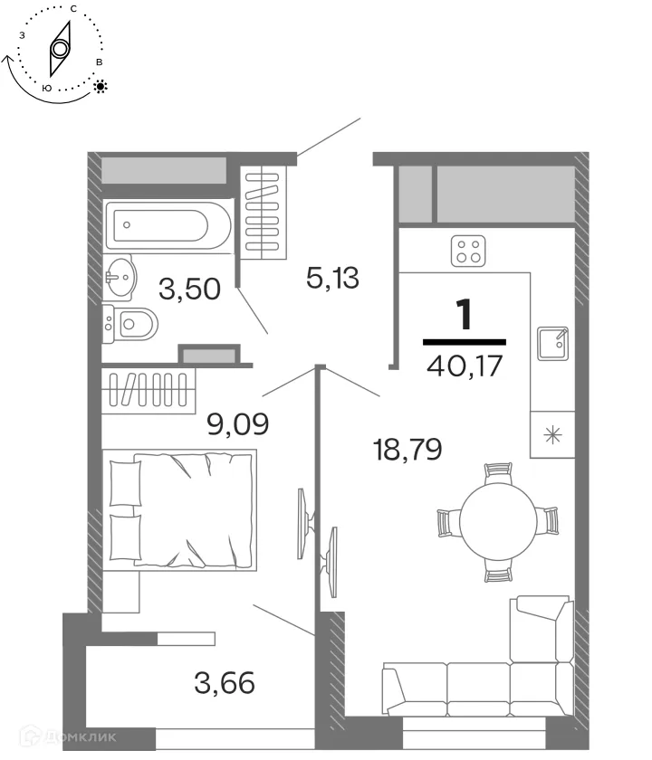 Планировка 1-комнатной квартиры 40.17 м² в ЖК "Бирюзова Парк", г. Рязань — фото 1