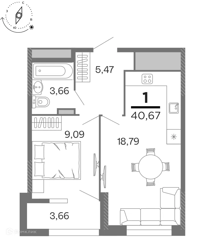 Планировка 1-комнатной квартиры 40.67 м² в ЖК "Бирюзова Парк", г. Рязань — фото 8