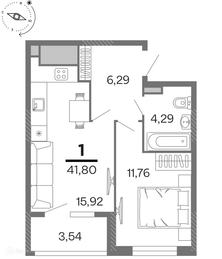 Планировка 1-комнатной квартиры 41.8 м² в ЖК "Бирюзова Парк", г. Рязань — фото 1