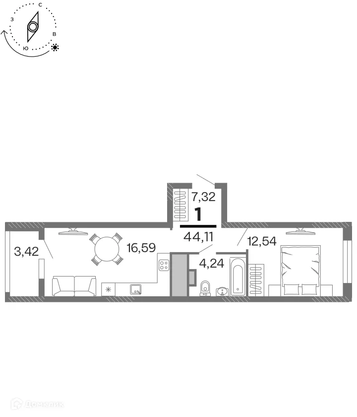 Планировка 1-комнатной квартиры 44.11 м² в ЖК "Бирюзова Парк", г. Рязань — фото 1
