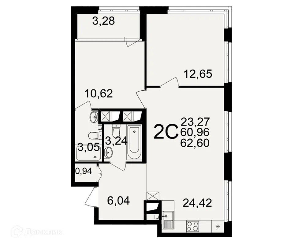 Планировка 2-комнатной квартиры 62.6 м² в ЖК Большая история, г. Рязань — фото 1
