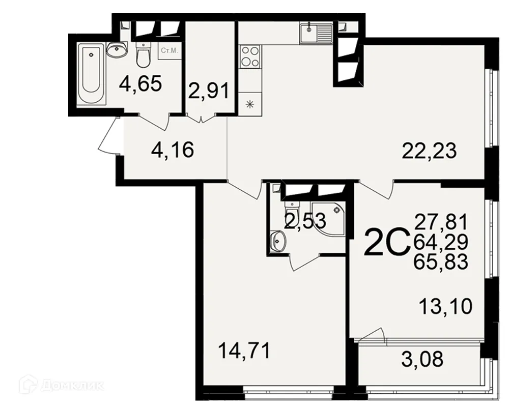 Планировка 2-комнатной квартиры 65.83 м² в ЖК Большая история, г. Рязань — фото 1