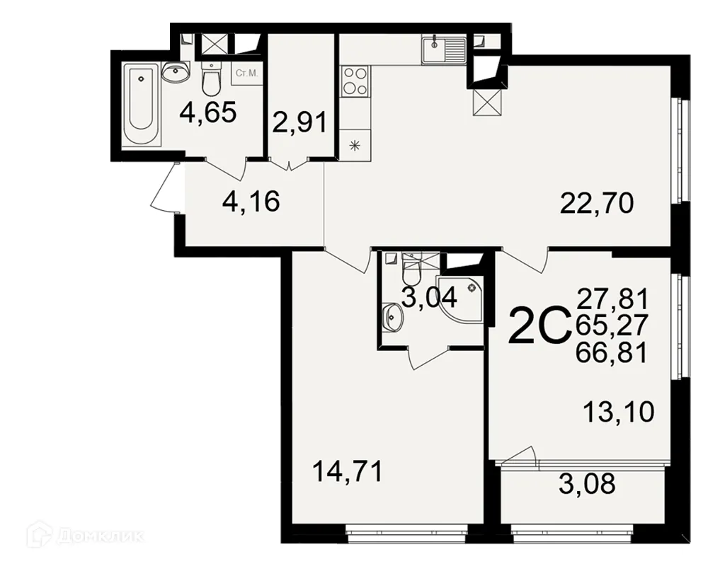 Планировка 2-комнатной квартиры 66.81 м² в ЖК Большая история, г. Рязань — фото 1