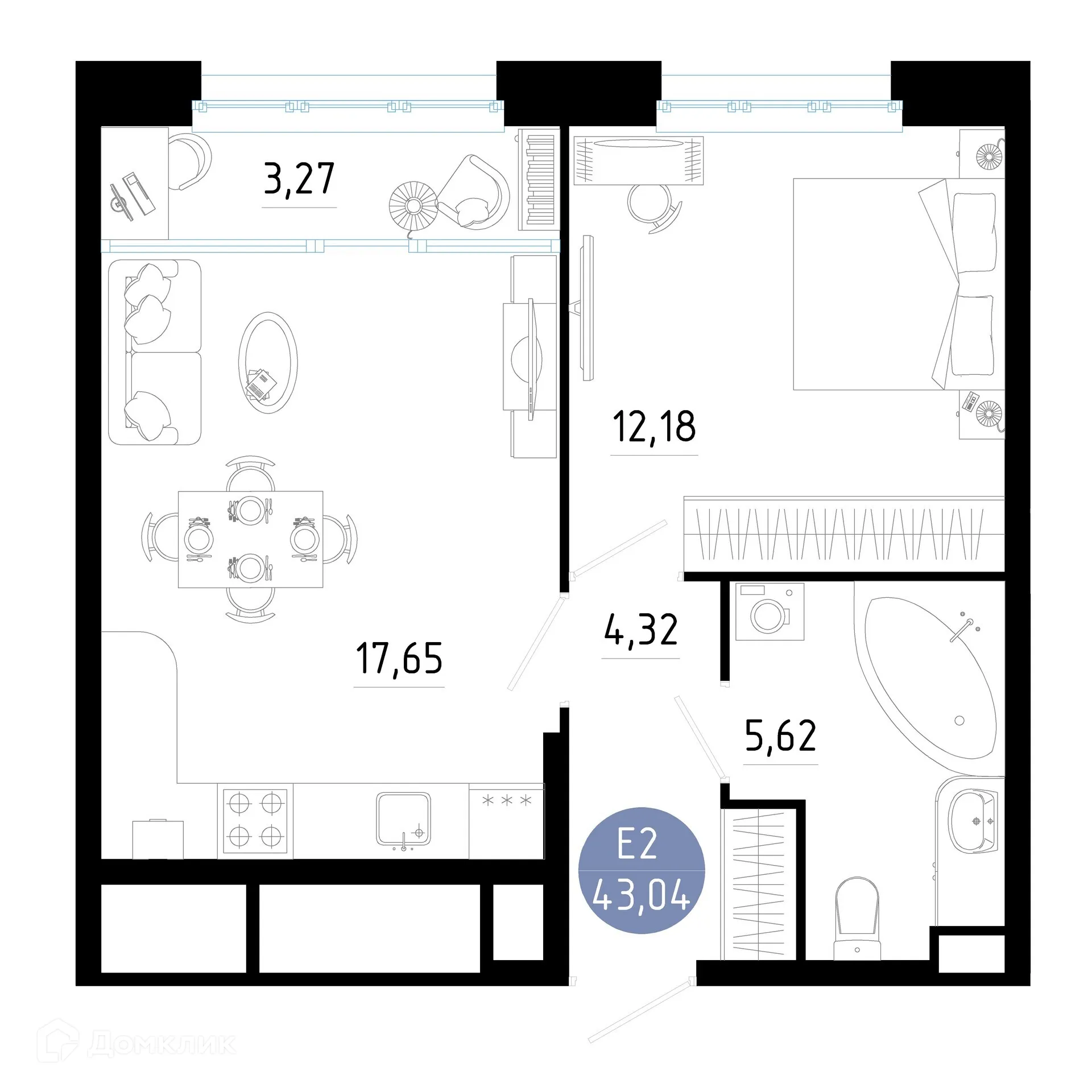 Планировка 1-комнатной квартиры 43.04 м² в ЖК РОЩА, г. Рязань — фото 16