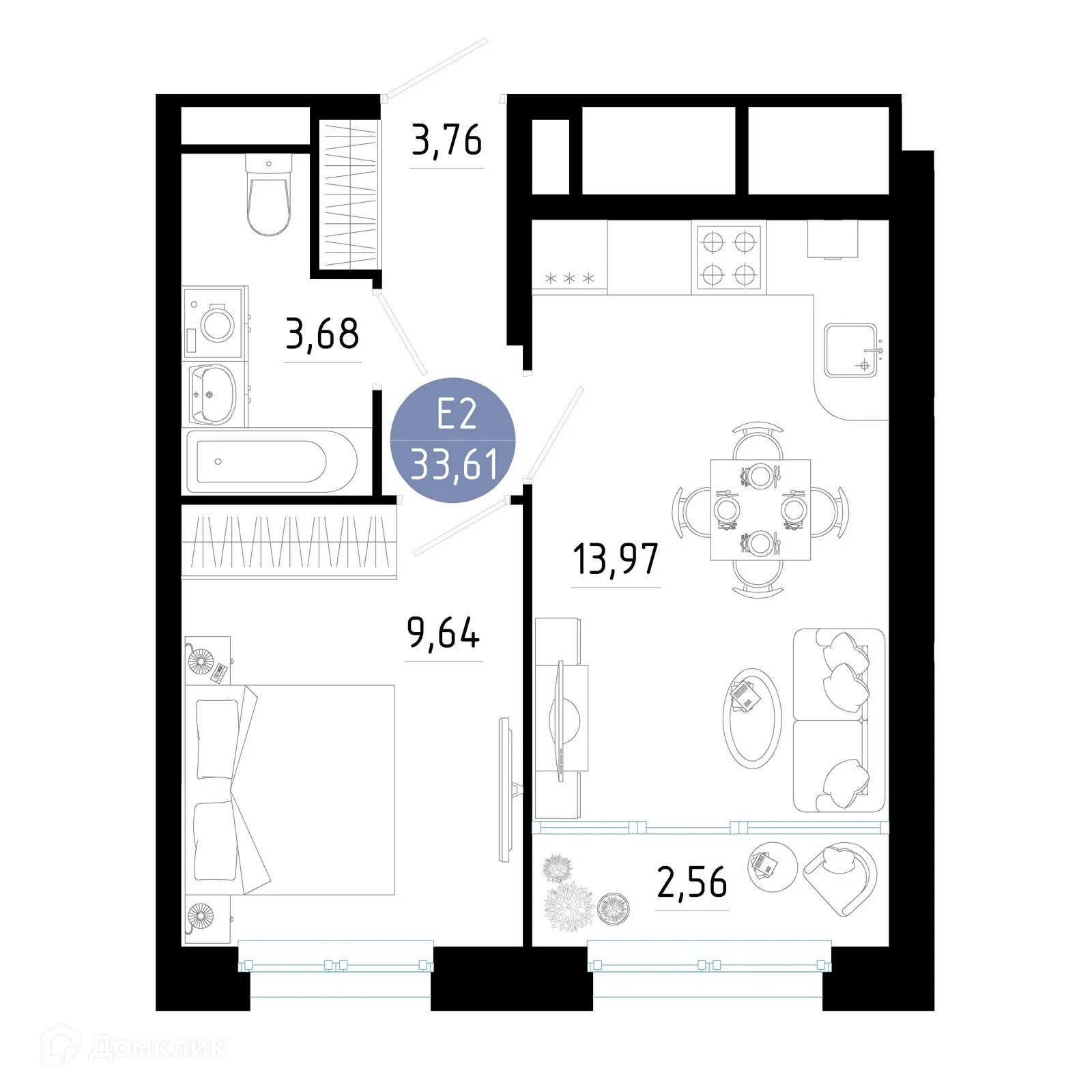 Планировка 1-комнатной квартиры 33.61 м² в ЖК РОЩА, г. Рязань — фото 1