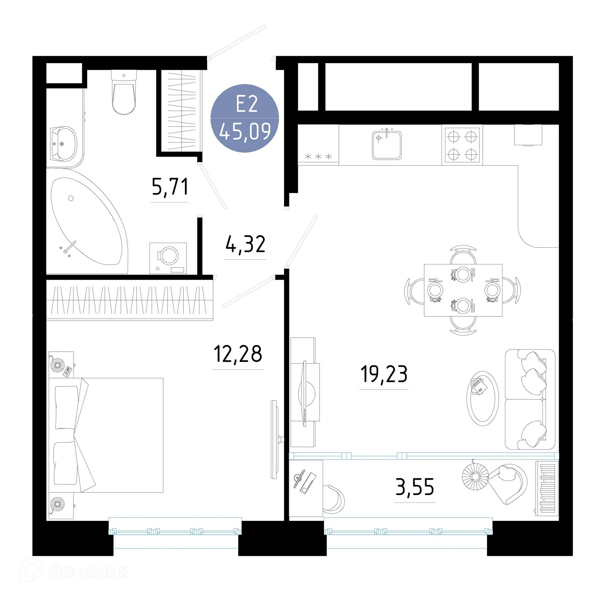 Планировка 1-комнатной квартиры 45.09 м² в ЖК РОЩА, г. Рязань — фото 1