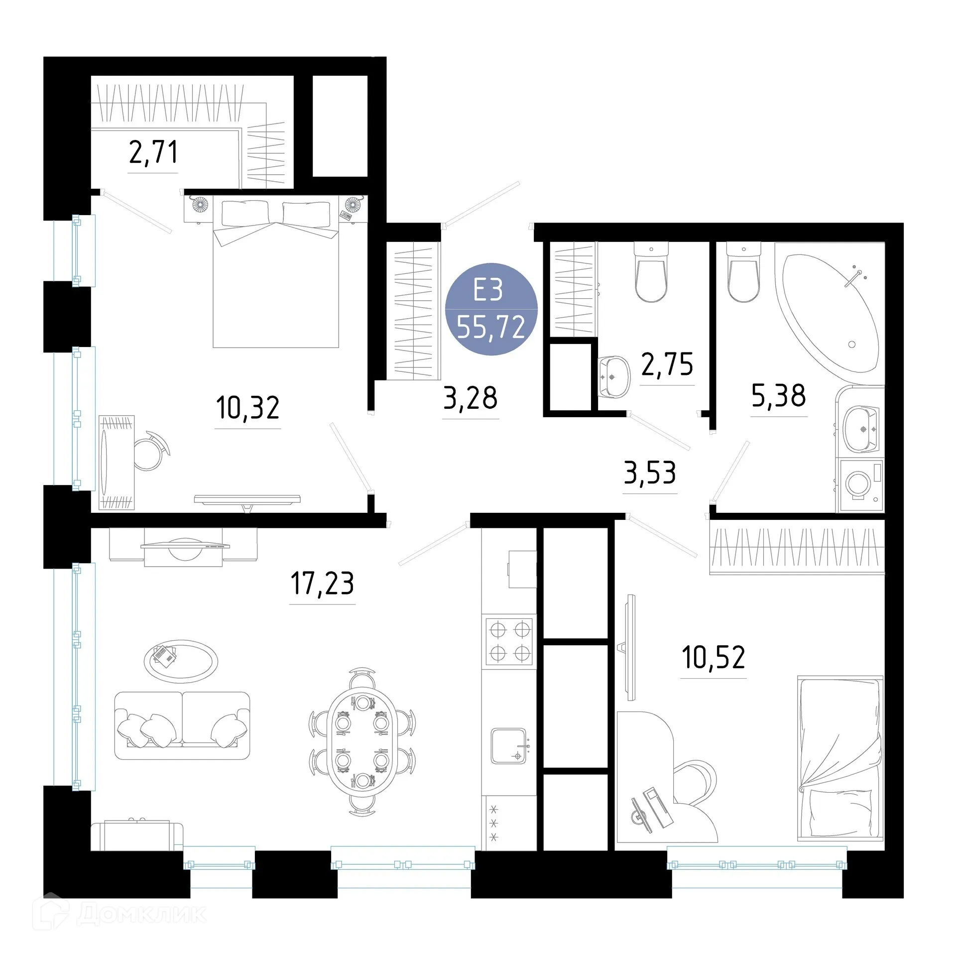Планировка 2-комнатной квартиры 55.72 м² в ЖК РОЩА, г. Рязань — фото 1