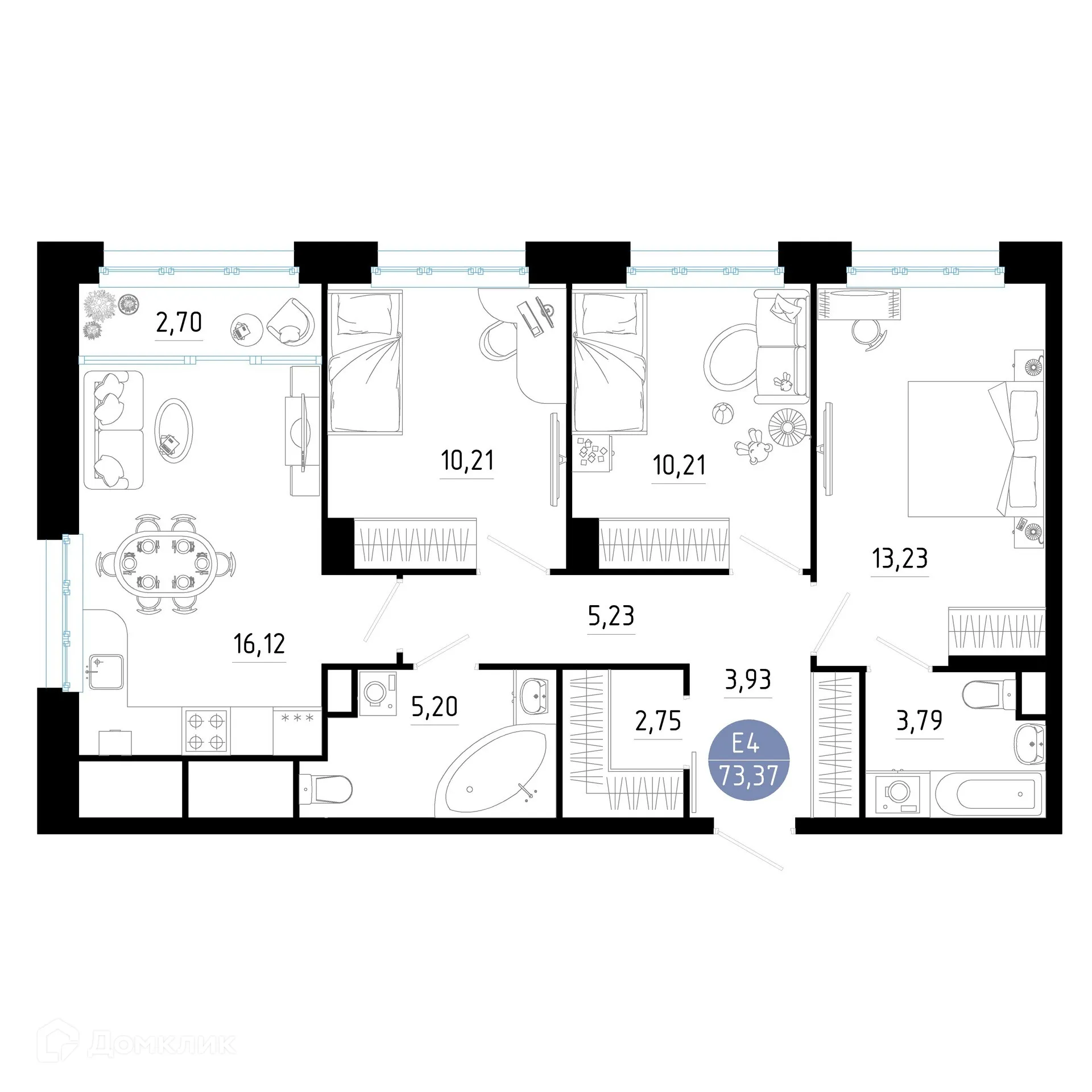 Планировка 3-комнатной квартиры 73.37 м² в ЖК РОЩА, г. Рязань — фото 1