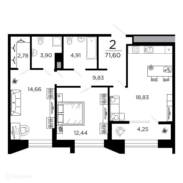 Планировка 2-комнатной квартиры 71.6 м² в ЖК ВЕГА, г. Рязань — фото 1