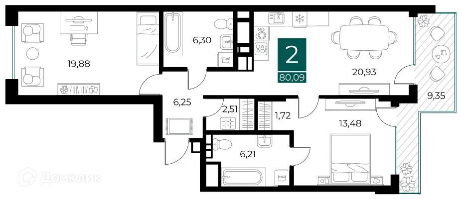 Планировка 2-комнатной квартиры 80.09 м² в ЖК Арт-кварталы, г. Рязань — фото 1