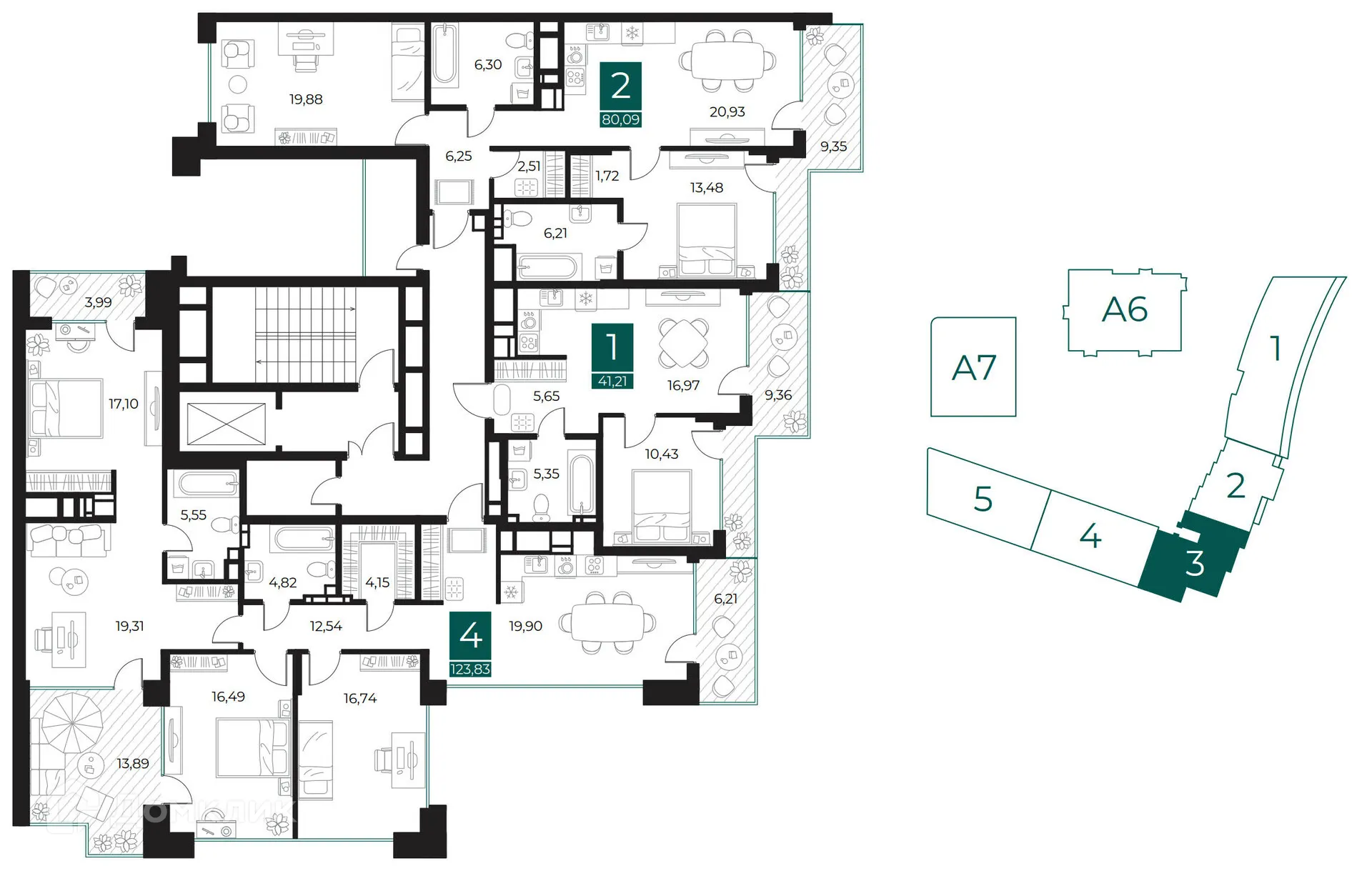 Планировка 2-комнатной квартиры 80.09 м² в ЖК Арт-кварталы, г. Рязань — фото 2