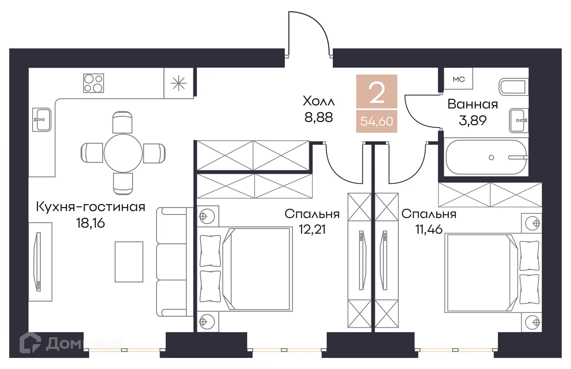 Планировка 2-комнатной квартиры 54.6 м² в ЖК Резиденция Поляна, г. Рязань — фото 1