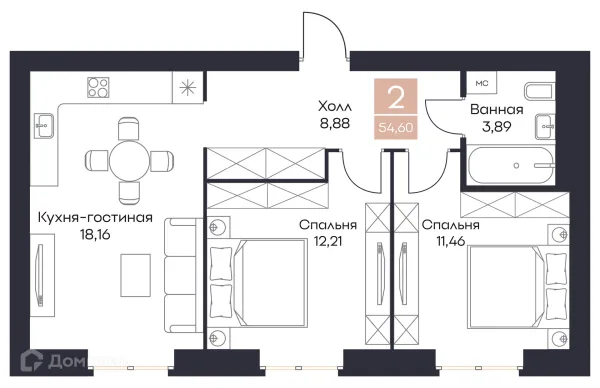 Планировка 2 комн. в ЖК Резиденция Поляна