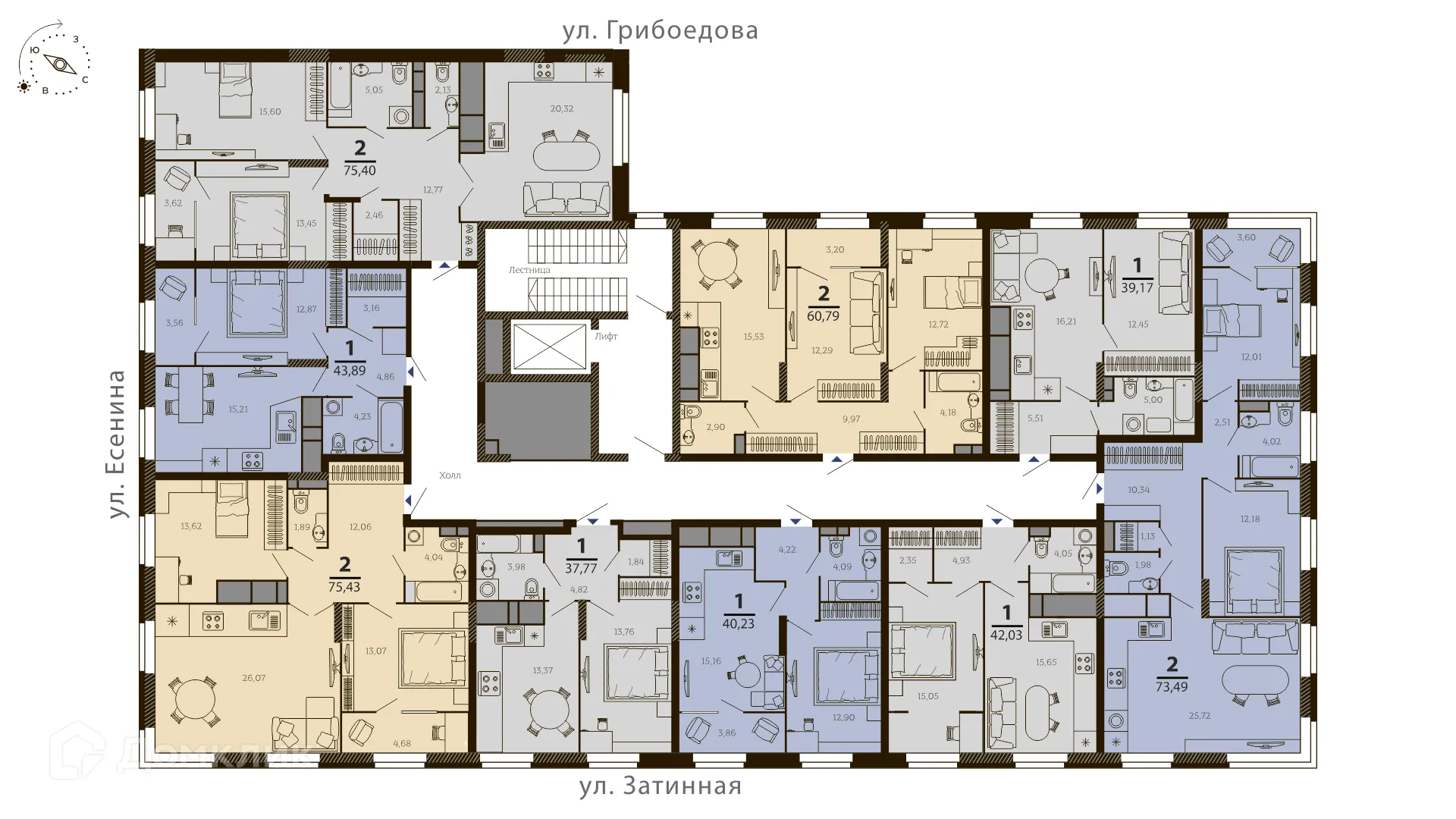 Планировка 1-комнатной квартиры 43.89 м² в ЖК ТАТЛИН, г. Рязань — фото 2