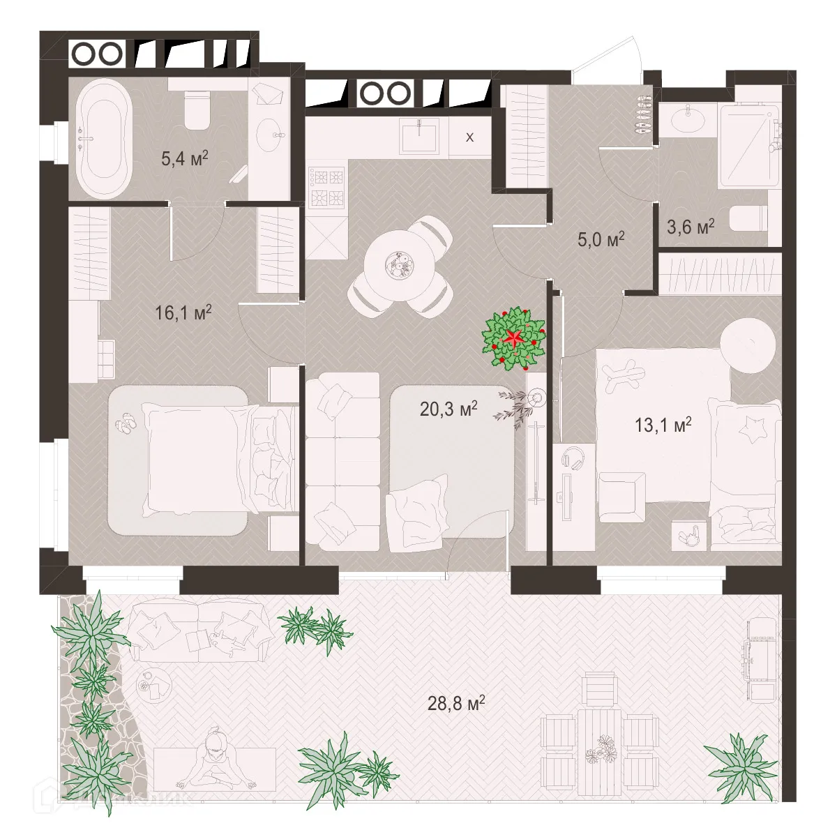 Планировка 2-комнатной квартиры 93.1 м² в ЖК Окская стрелка, г. Рязань — фото 1